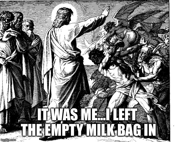 empty milk | IT WAS ME...I LEFT THE EMPTY MILK BAG IN | image tagged in milk,empty,milk bag,jesus,demons | made w/ Imgflip meme maker