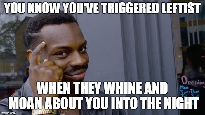Roll Safe Think About It | YOU KNOW YOU'VE TRIGGERED LEFTIST; WHEN THEY WHINE AND MOAN ABOUT YOU INTO THE NIGHT | image tagged in memes,roll safe think about it,politics,political meme,leftists | made w/ Imgflip meme maker