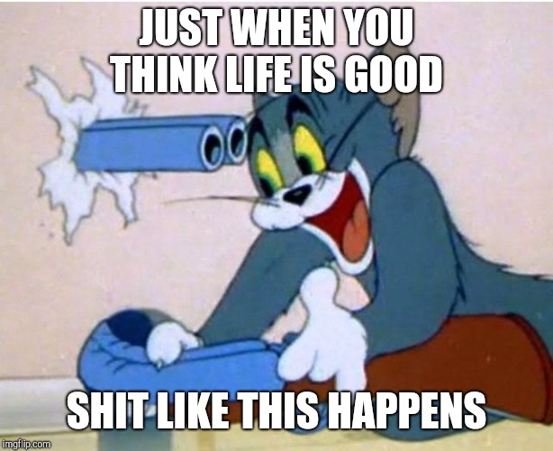 Tom and Jerry | JUST WHEN YOU THINK LIFE IS GOOD; SHIT LIKE THIS HAPPENS | image tagged in tom and jerry | made w/ Imgflip meme maker