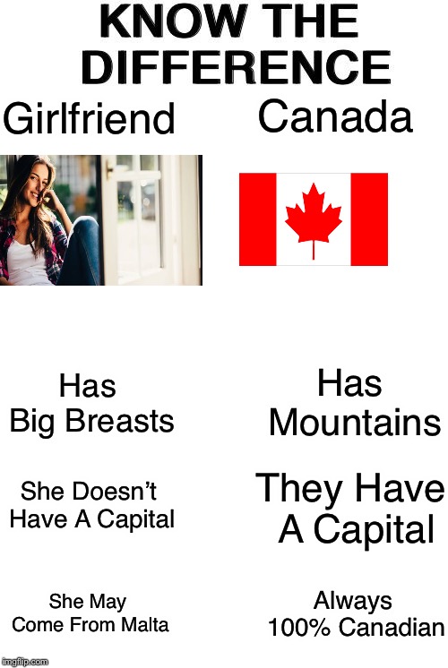 Ofcourse The Winner Is Canada | Canada; Girlfriend; Has Mountains; Has Big Breasts; She Doesn’t Have A Capital; They Have A Capital; She May Come From Malta; Always 100% Canadian | image tagged in know the difference,memes,girlfriend,maltese,canada | made w/ Imgflip meme maker