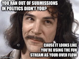 I Do Not Think That Means What You Think It Means | YOU RAN OUT OF SUBMISSIONS IN POLITICS DIDN’T YOU? CAUSE IT LOOKS LIKE
 YOU’RE USING THE FUN STREAM AS YOUR OVER FLOW | image tagged in i do not think that means what you think it means | made w/ Imgflip meme maker