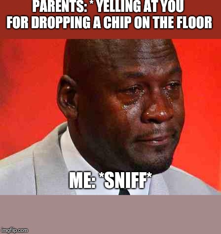 crying michael jordan | PARENTS: * YELLING AT YOU FOR DROPPING A CHIP ON THE FLOOR; ME: *SNIFF* | image tagged in crying michael jordan | made w/ Imgflip meme maker