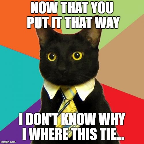 Business Cat Meme | NOW THAT YOU PUT IT THAT WAY; I DON'T KNOW WHY I WHERE THIS TIE... | image tagged in memes,business cat | made w/ Imgflip meme maker