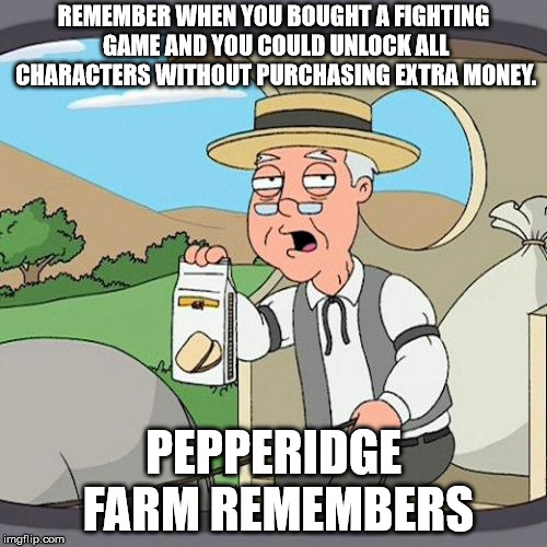Fighting Games aren't the same anymore. | REMEMBER WHEN YOU BOUGHT A FIGHTING GAME AND YOU COULD UNLOCK ALL CHARACTERS WITHOUT PURCHASING EXTRA MONEY. PEPPERIDGE FARM REMEMBERS | image tagged in memes,pepperidge farm remembers | made w/ Imgflip meme maker
