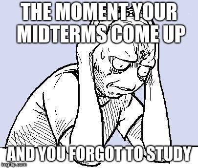 stressed meme | THE MOMENT YOUR MIDTERMS COME UP; AND YOU FORGOT TO STUDY | image tagged in stressed meme | made w/ Imgflip meme maker