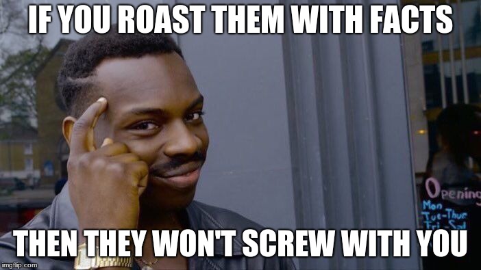 Roll Safe Think About It Meme | IF YOU ROAST THEM WITH FACTS; THEN THEY WON'T SCREW WITH YOU | image tagged in memes,roll safe think about it | made w/ Imgflip meme maker