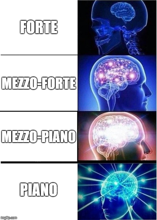 Music dynamics | FORTE; MEZZO-FORTE; MEZZO-PIANO; PIANO | image tagged in memes,expanding brain,music | made w/ Imgflip meme maker