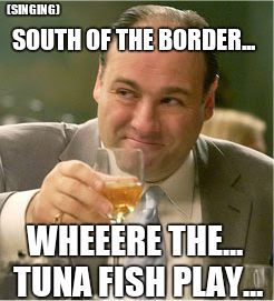 Tony Soprano Toast | (SINGING) SOUTH OF THE BORDER... WHEEERE THE... TUNA FISH PLAY... | image tagged in tony soprano toast | made w/ Imgflip meme maker