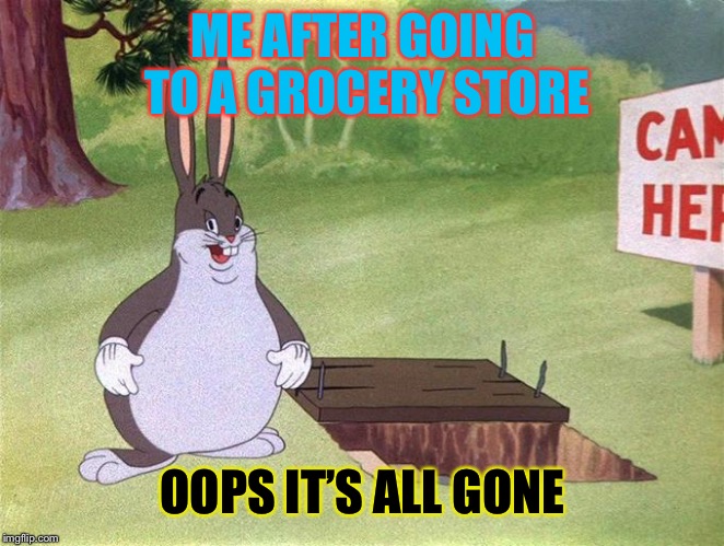 Big Chungus | ME AFTER GOING TO A GROCERY STORE; OOPS IT’S ALL GONE | image tagged in big chungus | made w/ Imgflip meme maker