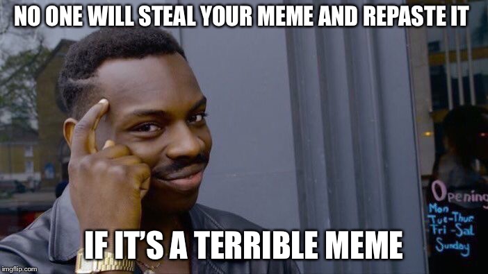 Roll Safe Think About It |  NO ONE WILL STEAL YOUR MEME AND REPASTE IT; IF IT’S A TERRIBLE MEME | image tagged in memes,roll safe think about it | made w/ Imgflip meme maker
