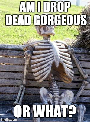 Waiting Skeleton | AM I DROP DEAD GORGEOUS; OR WHAT? | image tagged in memes,waiting skeleton | made w/ Imgflip meme maker