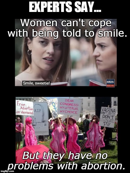 Feminism double standards | EXPERTS SAY... Women can't cope with being told to smile. But they have no problems with abortion. | image tagged in feminism double standards | made w/ Imgflip meme maker
