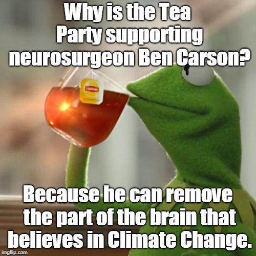 Tea party | Why is the Tea Party supporting neurosurgeon Ben Carson? Because he can remove the part of the brain that believes in Climate Change. | image tagged in funny | made w/ Imgflip meme maker