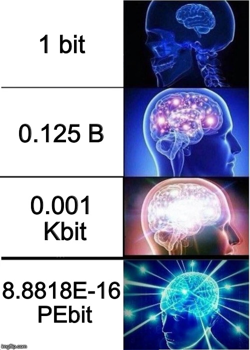 Expanding Brain | 1 bit; 0.125 B; 0.001 Kbit; 8.8818E-16 PEbit | image tagged in memes,expanding brain,data | made w/ Imgflip meme maker