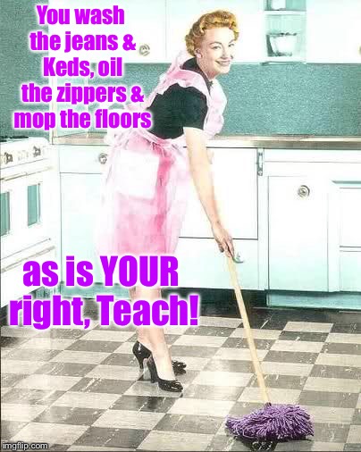 You wash the jeans & Keds, oil the zippers & mop the floors as is YOUR right, Teach! | made w/ Imgflip meme maker