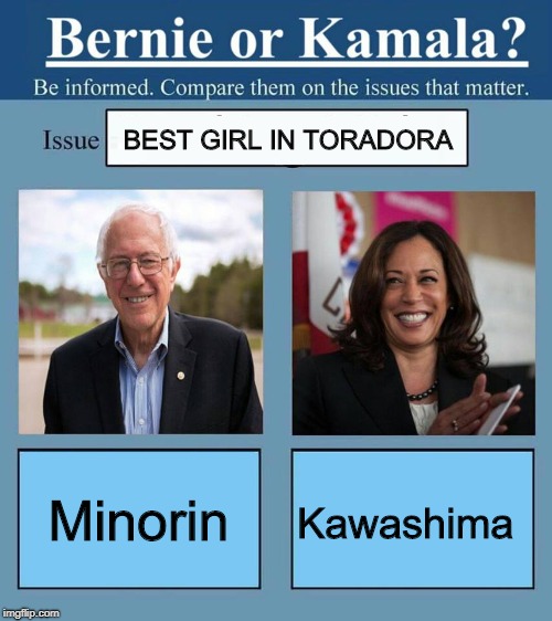 Bernie vs Kamala | BEST GIRL IN TORADORA; Minorin; Kawashima | image tagged in bernie vs kamala | made w/ Imgflip meme maker
