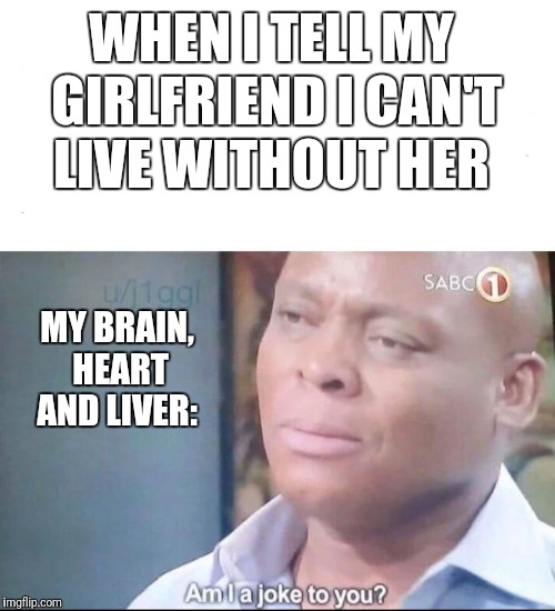 am I a joke to you | WHEN I TELL MY GIRLFRIEND I CAN'T LIVE WITHOUT HER; MY BRAIN, HEART AND LIVER: | image tagged in am i a joke to you | made w/ Imgflip meme maker