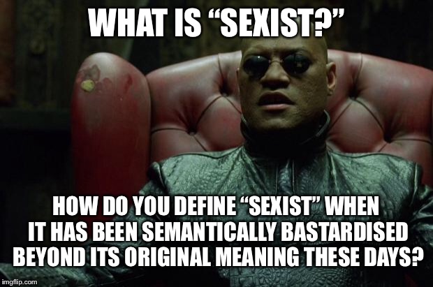 Matrix Morpheus  | WHAT IS “SEXIST?” HOW DO YOU DEFINE “SEXIST” WHEN IT HAS BEEN SEMANTICALLY BASTARDISED BEYOND ITS ORIGINAL MEANING THESE DAYS? | image tagged in matrix morpheus | made w/ Imgflip meme maker