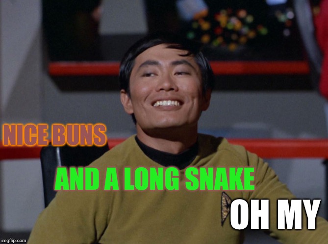 Sulu smug | NICE BUNS AND A LONG SNAKE OH MY | image tagged in sulu smug | made w/ Imgflip meme maker