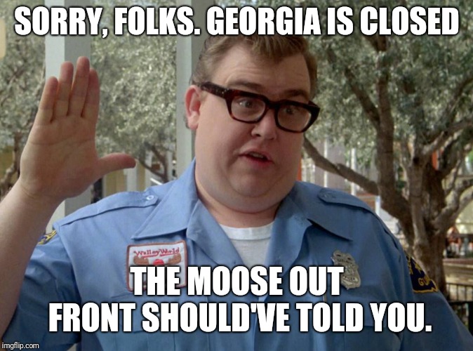 SORRY, FOLKS. GEORGIA IS CLOSED; THE MOOSE OUT FRONT SHOULD'VE TOLD YOU. | image tagged in georgia,snow,ice,closed | made w/ Imgflip meme maker