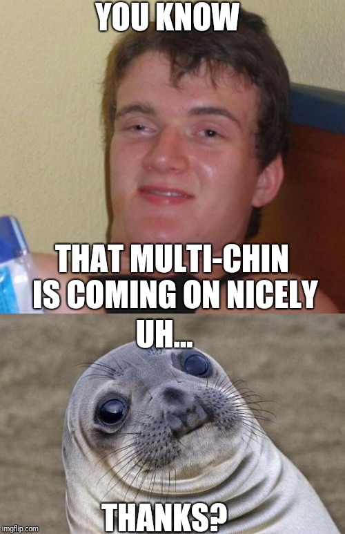 I just hope nobody says that in real life...  | YOU KNOW; THAT MULTI-CHIN IS COMING ON NICELY; UH... THANKS? | image tagged in memes,10 guy,awkward moment sealion,multi-chin | made w/ Imgflip meme maker