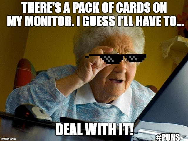 Grandma Finds The Internet | THERE'S A PACK OF CARDS ON MY MONITOR. I GUESS I'LL HAVE TO... DEAL WITH IT! #PUNS | image tagged in memes,grandma finds the internet | made w/ Imgflip meme maker