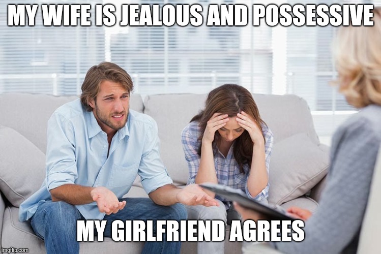 couples therapy | MY WIFE IS JEALOUS AND POSSESSIVE; MY GIRLFRIEND AGREES | image tagged in couples therapy | made w/ Imgflip meme maker