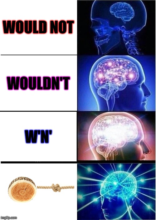 Expanding Brain |  WOULD NOT; WOULDN'T; W'N' | image tagged in memes,expanding brain | made w/ Imgflip meme maker