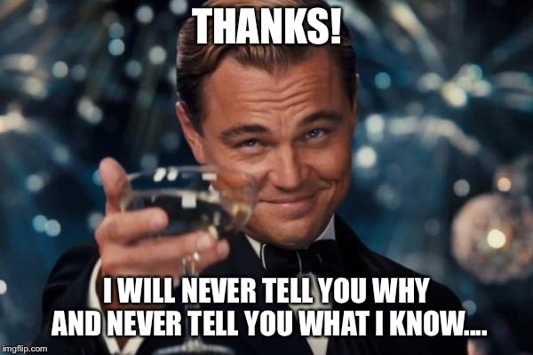 Leonardo Dicaprio Cheers | THANKS! I WILL NEVER TELL YOU WHY AND NEVER TELL YOU WHAT I KNOW.... | image tagged in memes,leonardo dicaprio cheers | made w/ Imgflip meme maker
