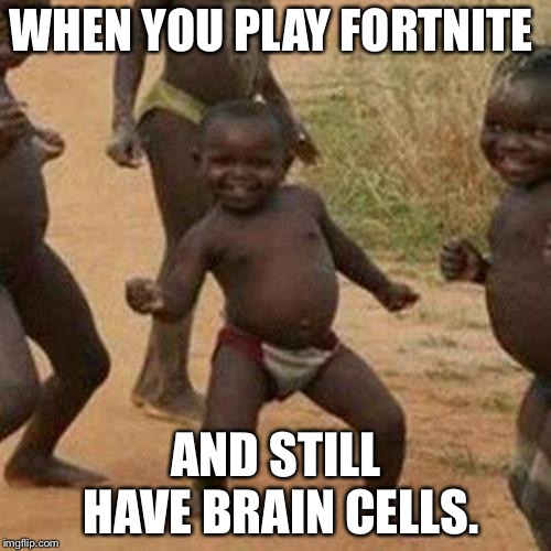 Third World Success Kid Meme | WHEN YOU PLAY FORTNITE AND STILL HAVE BRAIN CELLS. | image tagged in memes,third world success kid | made w/ Imgflip meme maker