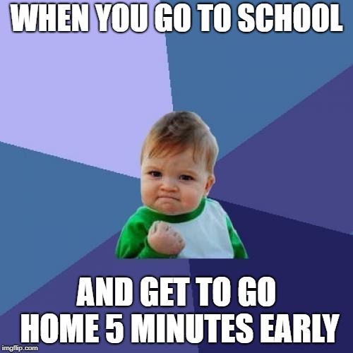 Success Kid |  WHEN YOU GO TO SCHOOL; AND GET TO GO HOME 5 MINUTES EARLY | image tagged in memes,success kid | made w/ Imgflip meme maker