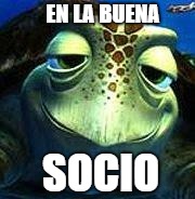 Finding Nemo turtle | EN LA BUENA; SOCIO | image tagged in finding nemo turtle | made w/ Imgflip meme maker
