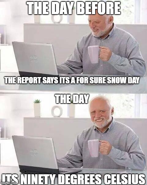 Hide the Pain Harold Meme | THE DAY BEFORE; THE REPORT SAYS ITS A FOR SURE SNOW DAY; THE DAY; ITS NINETY DEGREES CELSIUS | image tagged in memes,hide the pain harold | made w/ Imgflip meme maker