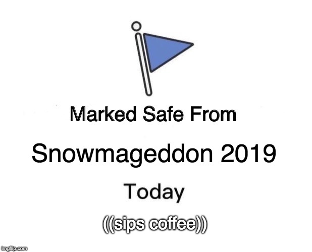 Marked Safe From | Snowmageddon 2019; ((sips coffee)) | image tagged in marked safe from facebook meme template | made w/ Imgflip meme maker