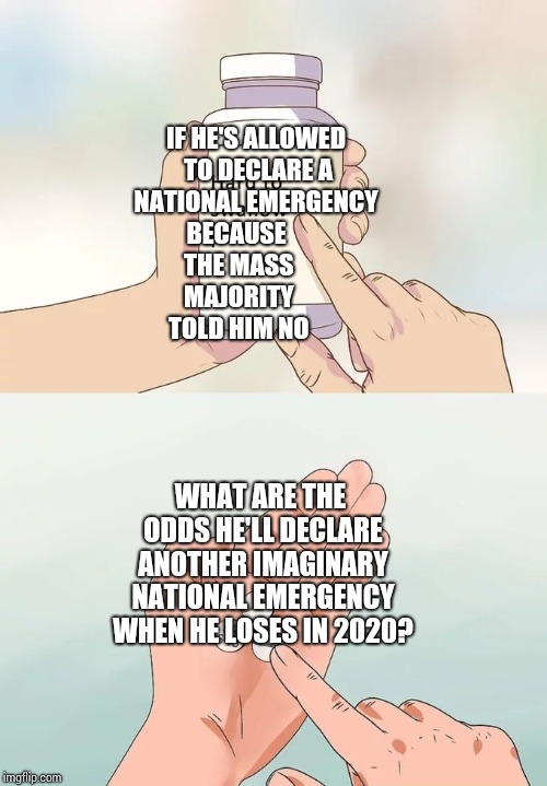 If You Wanted Less Government - This Is Not It. | IF HE'S ALLOWED TO DECLARE A NATIONAL EMERGENCY; BECAUSE THE MASS MAJORITY TOLD HIM NO; WHAT ARE THE ODDS HE'LL DECLARE ANOTHER IMAGINARY NATIONAL EMERGENCY WHEN HE LOSES IN 2020? | image tagged in memes,hard to swallow pills,lock him up,trump unfit unqualified dangerous,trump traitor,liar in chief | made w/ Imgflip meme maker