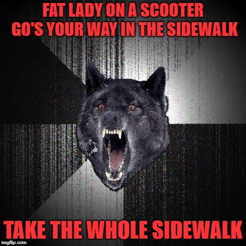 Insanity Wolf | FAT LADY ON A SCOOTER GO'S YOUR WAY IN THE SIDEWALK; TAKE THE WHOLE SIDEWALK | image tagged in memes,insanity wolf | made w/ Imgflip meme maker