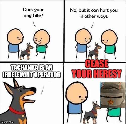 does your dog bite | CEASE YOUR HERESY; TACHANKA IS AN IRRELEVANT OPERATOR | image tagged in does your dog bite | made w/ Imgflip meme maker