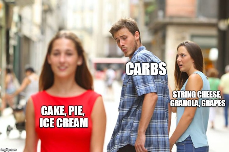Distracted Boyfriend Meme | CARBS; STRING CHEESE, GRANOLA, GRAPES; CAKE, PIE, ICE CREAM | image tagged in memes,distracted boyfriend | made w/ Imgflip meme maker