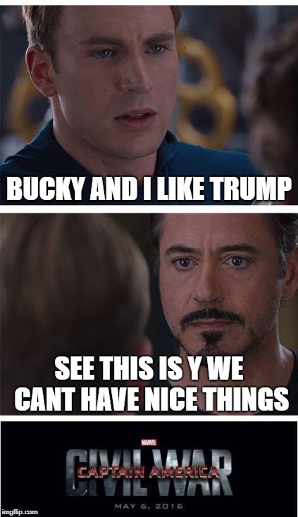 Marvel Civil War 1 Meme | BUCKY AND I LIKE TRUMP; SEE THIS IS Y WE CANT HAVE NICE THINGS | image tagged in memes,marvel civil war 1 | made w/ Imgflip meme maker