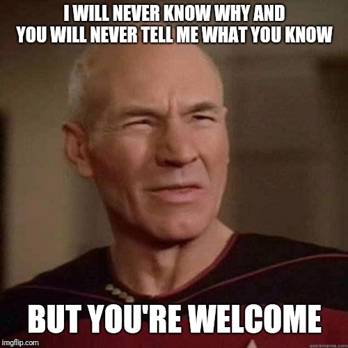 Dafuq Picard | I WILL NEVER KNOW WHY AND YOU WILL NEVER TELL ME WHAT YOU KNOW BUT YOU'RE WELCOME | image tagged in dafuq picard | made w/ Imgflip meme maker