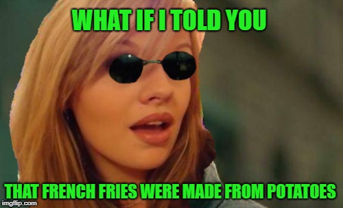 The Blonde Matrix | WHAT IF I TOLD YOU; THAT FRENCH FRIES WERE MADE FROM POTATOES | image tagged in funny memes,dumb blonde,matrix morpheus,french fries | made w/ Imgflip meme maker