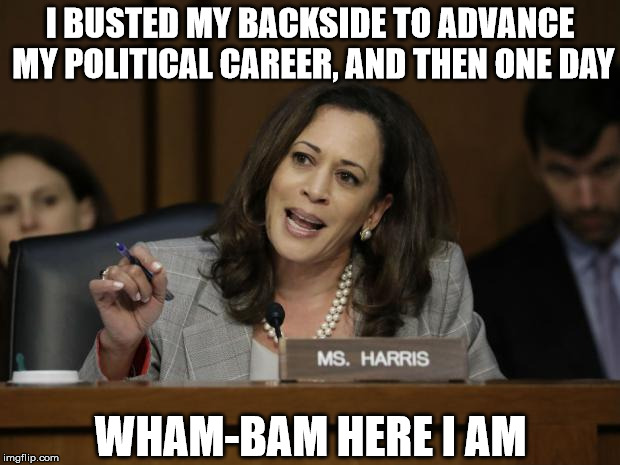 Kamala Harris | I BUSTED MY BACKSIDE TO ADVANCE MY POLITICAL CAREER, AND THEN ONE DAY; WHAM-BAM HERE I AM | image tagged in kamala harris,memes,california,political,what if i told you | made w/ Imgflip meme maker