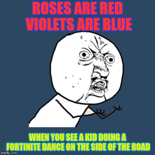 WHYYYYYYYY | ROSES ARE RED VIOLETS ARE BLUE; WHEN YOU SEE A KID DOING A FORTINITE DANCE ON THE SIDE OF THE ROAD | image tagged in memes,y u no | made w/ Imgflip meme maker