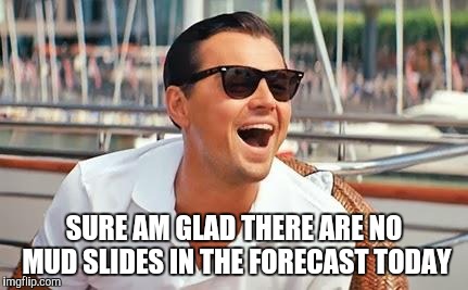 Leonardo Dicaprio laughing | SURE AM GLAD THERE ARE NO MUD SLIDES IN THE FORECAST TODAY | image tagged in leonardo dicaprio laughing | made w/ Imgflip meme maker