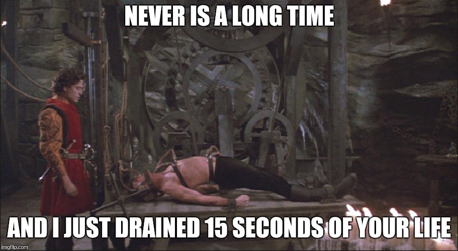 Princess Bride Torture | NEVER IS A LONG TIME AND I JUST DRAINED 15 SECONDS OF YOUR LIFE | image tagged in princess bride torture | made w/ Imgflip meme maker