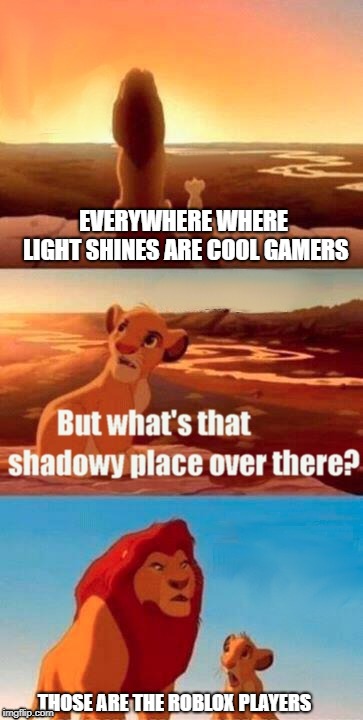 Simba Shadowy Place | EVERYWHERE WHERE LIGHT SHINES ARE COOL GAMERS; THOSE ARE THE ROBLOX PLAYERS | image tagged in memes,simba shadowy place | made w/ Imgflip meme maker