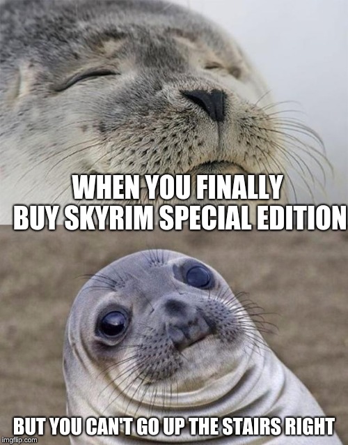 Finally got it for my PS4 after many times of not having the time and I don't like digital copies | WHEN YOU FINALLY BUY SKYRIM SPECIAL EDITION; BUT YOU CAN'T GO UP THE STAIRS RIGHT | image tagged in memes,short satisfaction vs truth,bethesda,glitch,bugs,skyrim meme | made w/ Imgflip meme maker