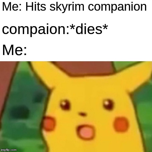 Surprised Pikachu | Me: Hits skyrim companion; compaion:*dies*; Me: | image tagged in memes,surprised pikachu | made w/ Imgflip meme maker