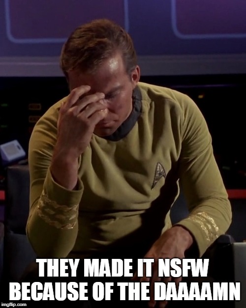 Kirk face palm | THEY MADE IT NSFW BECAUSE OF THE DAAAAMN | image tagged in kirk face palm | made w/ Imgflip meme maker