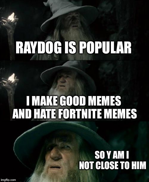 Confused Gandalf | RAYDOG IS POPULAR; I MAKE GOOD MEMES AND HATE FORTNITE MEMES; SO Y AM I NOT CLOSE TO HIM | image tagged in memes,confused gandalf | made w/ Imgflip meme maker